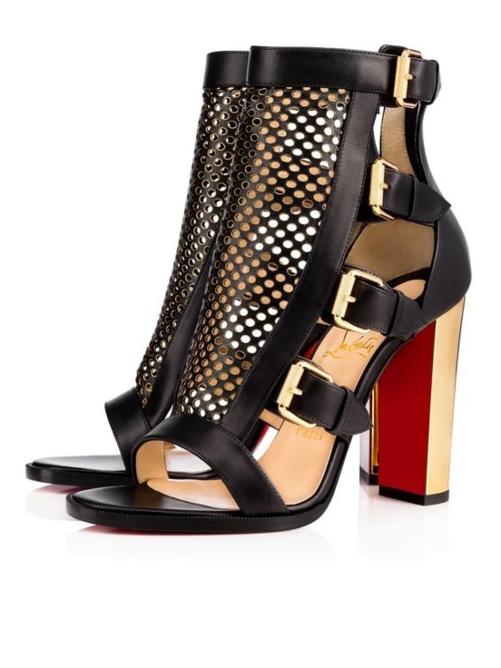 Christian Louboutin Black Leather Strappy Sandals with Gold Heel